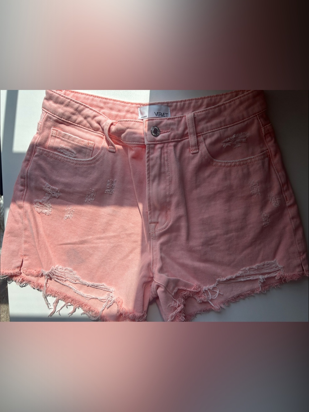 VERVET BY FLYING MONKEY Peach-Pink Distressed Denim Shorts